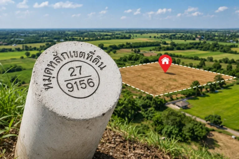 หมุดหลักเขตที่ดินกับแปลงที่ดิน / Land boundary marker and a plot of land
